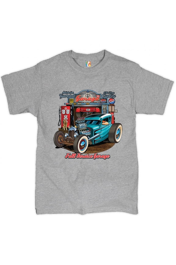 Hot Rod Garage T-Shirt Historic Route 66 Old School Drag Racing Men's Tee, Gray, Small