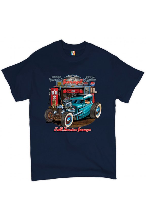 Hot Rod Garage T-Shirt Historic Route 66 Old School Drag Racing Men's Tee, Navy Blue, Large