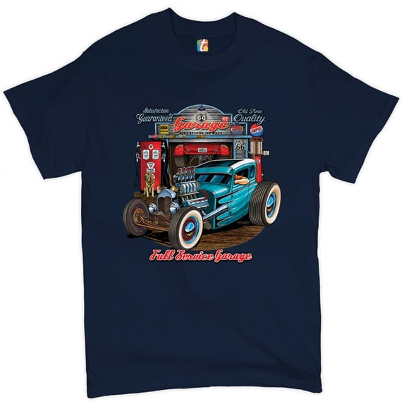 Tee Hunt Hot Rod Garage T-Shirt Historic Route 66 Old School Drag Racing Men's Tee, Navy Blue, Medium