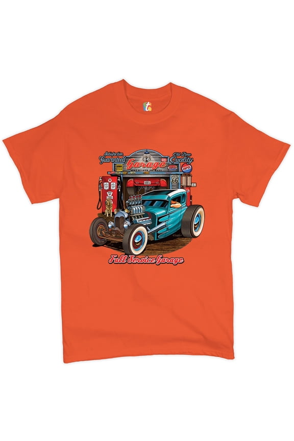 Hot Rod Garage T-Shirt Historic Route 66 Old School Drag Racing Men's Tee, Orange, Large
