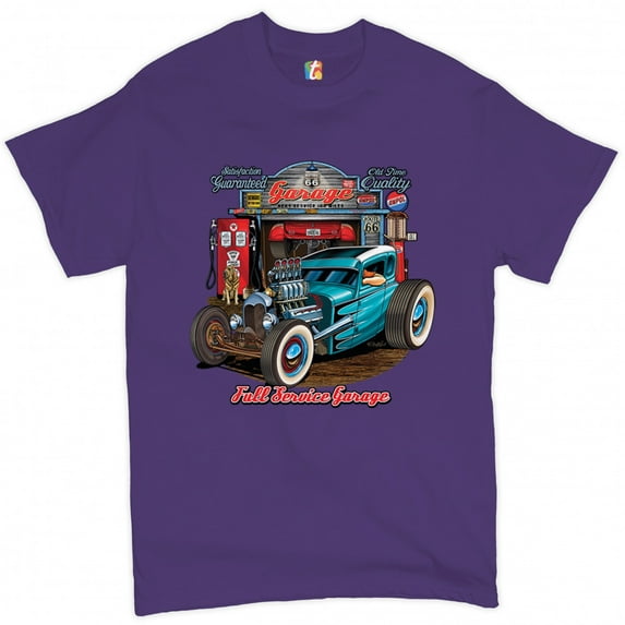 Tee Hunt Hot Rod Garage T-Shirt Historic Route 66 Old School Drag Racing Men's Tee, Purple, Small