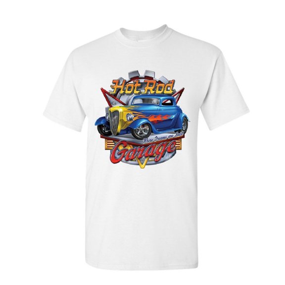 Tee Hunt Hot Rod Garage T-Shirt Where Dreams are Built US Classic Rebuild Mens Shirt, White, Large