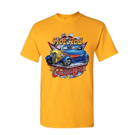 Tee Hunt Hot Rod Garage T-Shirt Where Dreams are Built US Classic Rebuild Mens Shirt, Yellow, 5X-Large