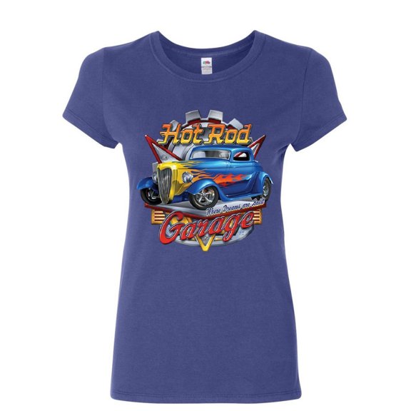 Tee Hunt Hot Rod Garage Women's T-Shirt Where Dreams are Built US Classic Rebuild Shirt, Blue, Small