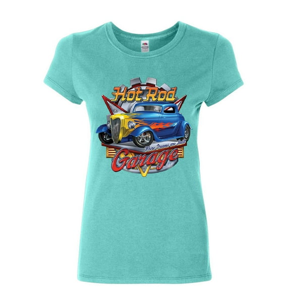 Tee Hunt Hot Rod Garage Women's T-Shirt Where Dreams are Built US Classic Rebuild Shirt, Light Blue, Large