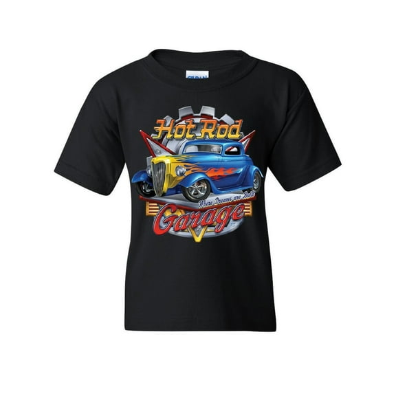 Tee Hunt Hot Rod Garage Youth T-Shirt Where Dreams are Built US Classic Rebuild Kids Tee, Black, X-Large
