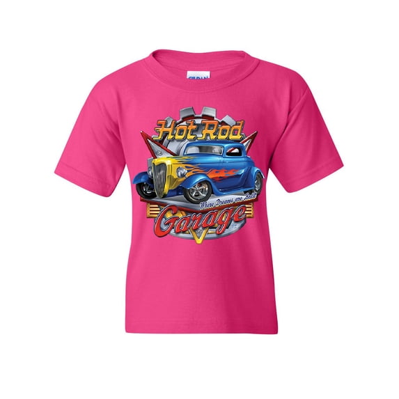 Tee Hunt Hot Rod Garage Youth T-Shirt Where Dreams are Built US Classic Rebuild Kids Tee, Pink, X-Large