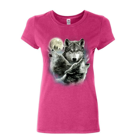 Tee Hunt Howling Wolf Pack Women's T-Shirt Wild Wilderness Animals Nature Moon Shirt, Pink, Small