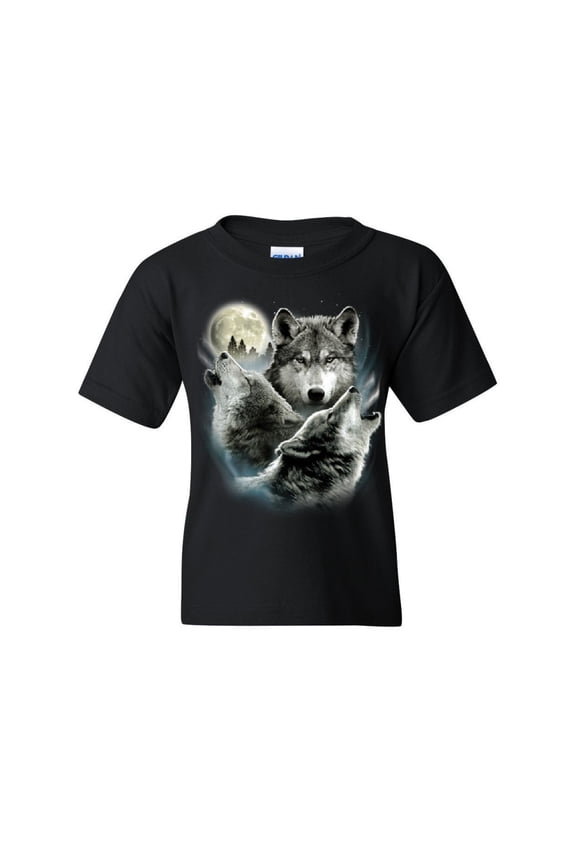 Howling Wolf Pack Youth T-Shirt Wild Wilderness Animals Nature Moon Kids Tee, Black, Medium