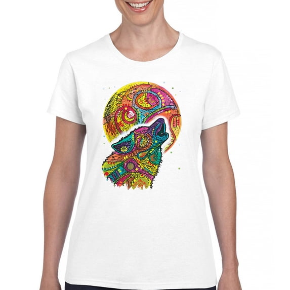 Tee Hunt Howling Wolf and Moon T-Shirt Dean Russo Colorful Wild Life Women's T-Shirt Tee, White, Medium