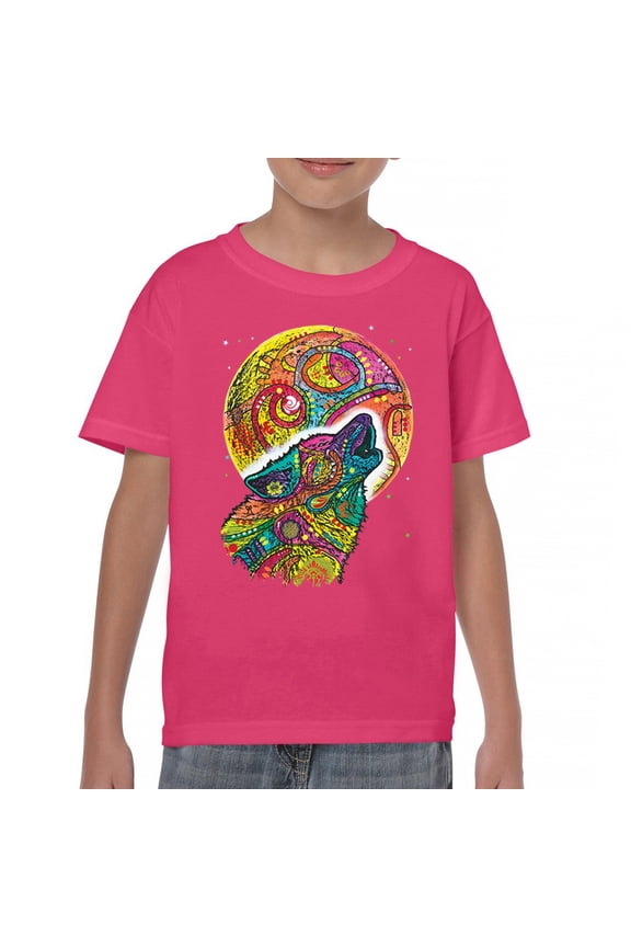 Howling Wolf and Moon Youth T-Shirt Dean Russo Colorful Wild Life Kids, Pink, Medium