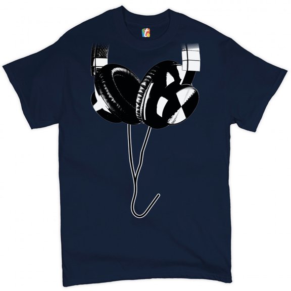 Tee Hunt Huge Hanging Headphones Men's T-Shirt DJ Music Tee, Navy Blue, XX-Large