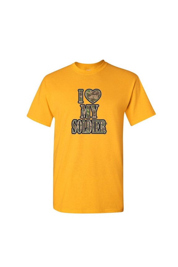 I Heart My Soldier T-Shirt Cute Camo Army Wife Army Mom Military Mens Shirt, Yellow, Small