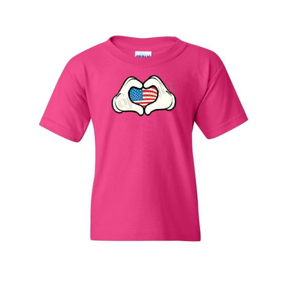 Tee Hunt I Heart USA Cartoon Hands Youth T-Shirt 4th of July Cute American Flag Kids Tee, Pink, Medium