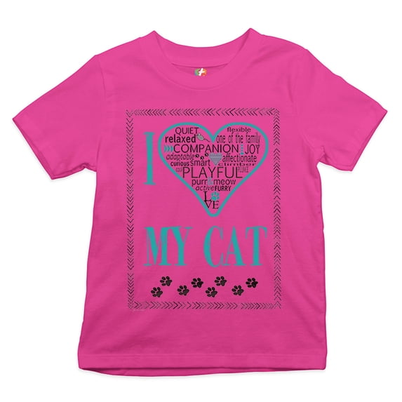 Tee Hunt I Love My Cat Youth T-Shirt Purr & Meow Active Furry Playful Companion Kids Grey, Pink, X-Large