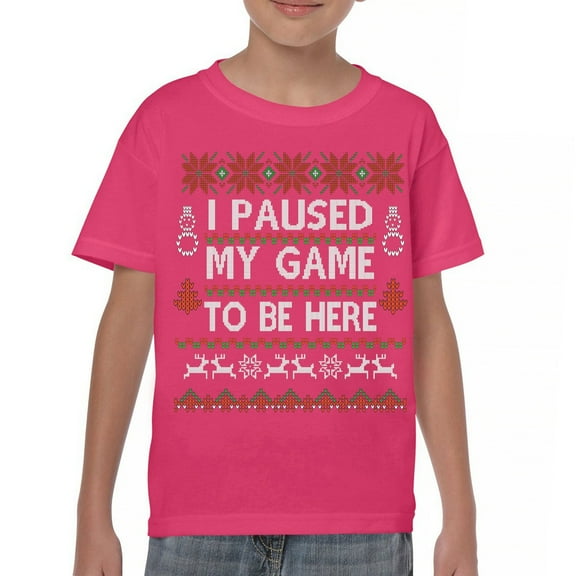 Tee Hunt I Paused My Game to Be Here Funny Gamer Christmas Youth T-Shirt Ugly Sweater Theme Xmas Party Gaming Console Kids Tee, Pink, X-Large