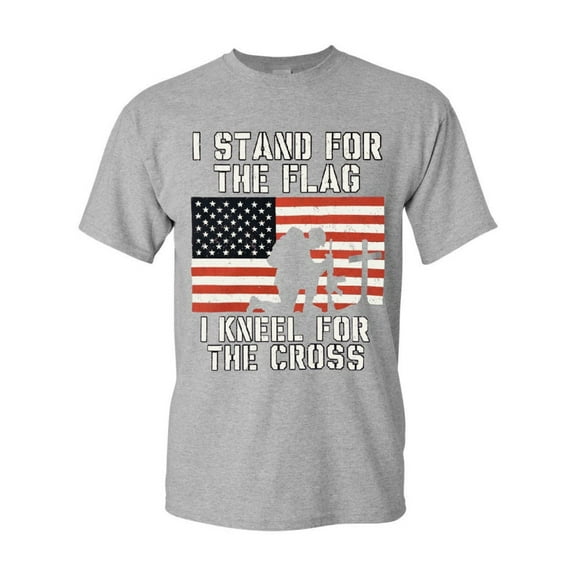 Tee Hunt I Stand for The Flag I Kneel for The Cross T-Shirt Patriotic Military, Gray, Large