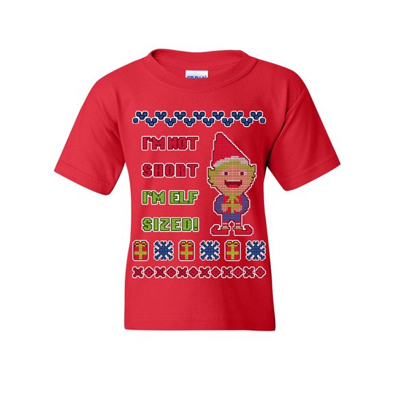 Tee Hunt I'm Not Short I'm Elf Sized Ugly Youth T-Shirt Christmas Holiday Xmas Kids Tee, Red, Small
