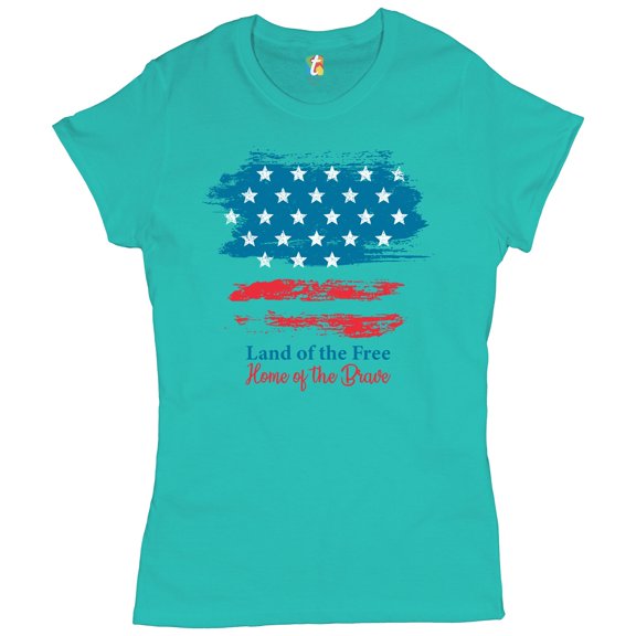 Tee Hunt Land of The Free Home of The Brave T-Shrit Stars & Stripes July 4 Women's T-Shirt Tee, Light Blue, Large