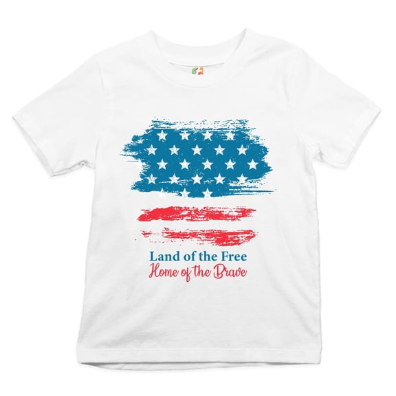 Tee Hunt Land of The Free Home of The Brave Youth T-Shirt Stars & Stripes July 4 Kids, White, Large