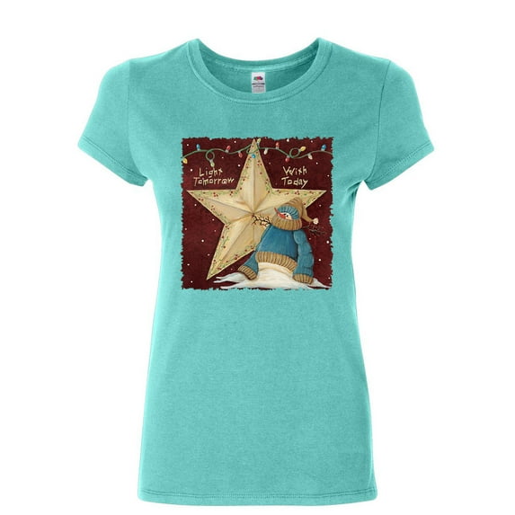 Tee Hunt Light Tomorrow with Today Women's T-Shirt Cute Christmas Snowman Holiday Shirt, Light Blue, Small