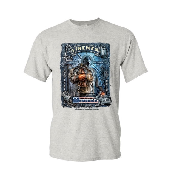 Tee Hunt Linemen Backbone of America T-Shirt Lineworker Collar Work Mens Shirt, Ash Gray, Large