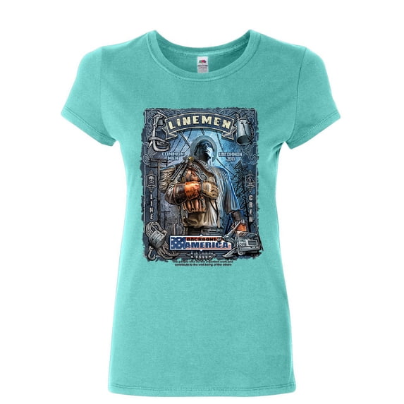 Tee Hunt Linemen Backbone of America Women's T-Shirt Lineworker Collar Work Shirt, Light Blue, Large