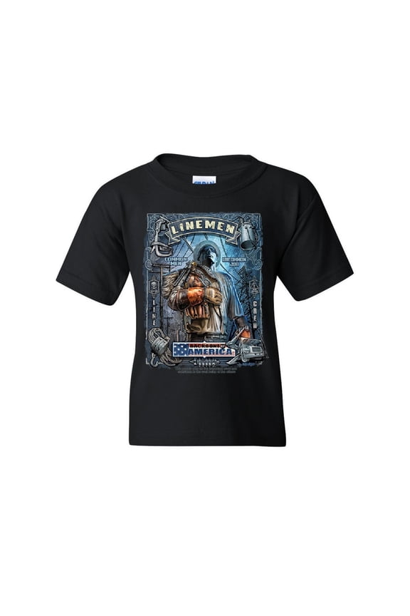 Linemen Backbone of America Youth T-Shirt Lineworker Collar Work Kids Tee, Black, Large