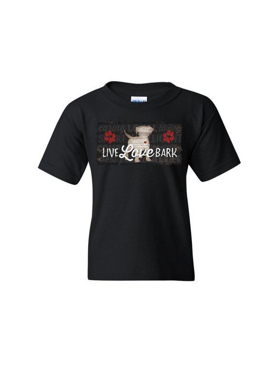 Live Love Bark Youth T-Shirt Cute Dog Puppy Doggie Paw Wiggle Pet Woof Kids Tee