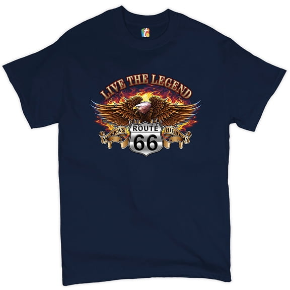 Tee Hunt Live The Legend America's Highways T-Shirt Route 66 Bald Eagle Men's Tee, Navy Blue, Small