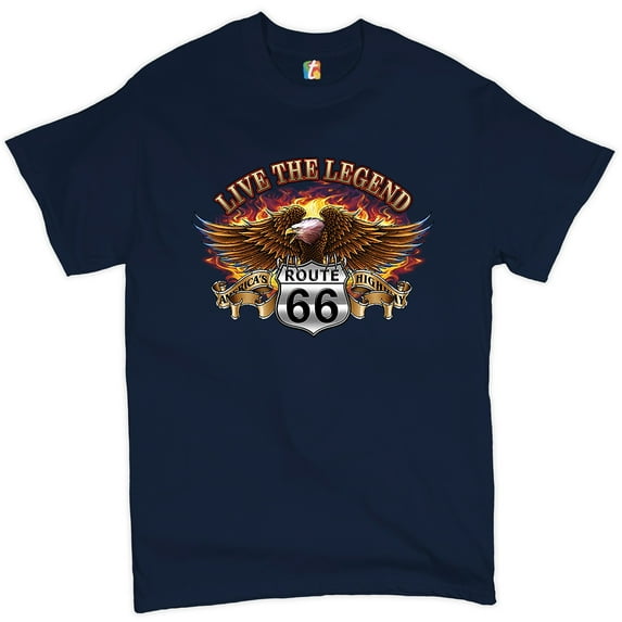 Tee Hunt Live The Legend America's Highways T-Shirt Route 66 Bald Eagle Men's Tee, Navy Blue, XX-Large
