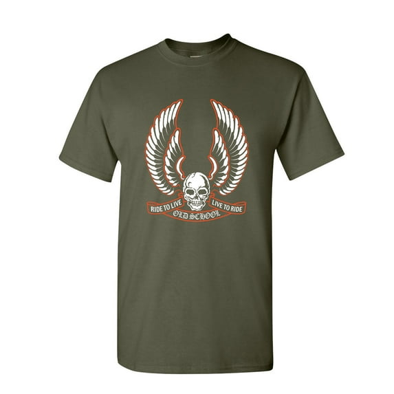 Tee Hunt Live to Ride Old School T-Shirt Biker Route 66 Ride to Live MC Mens Shirt, Military Green, 4X-Large