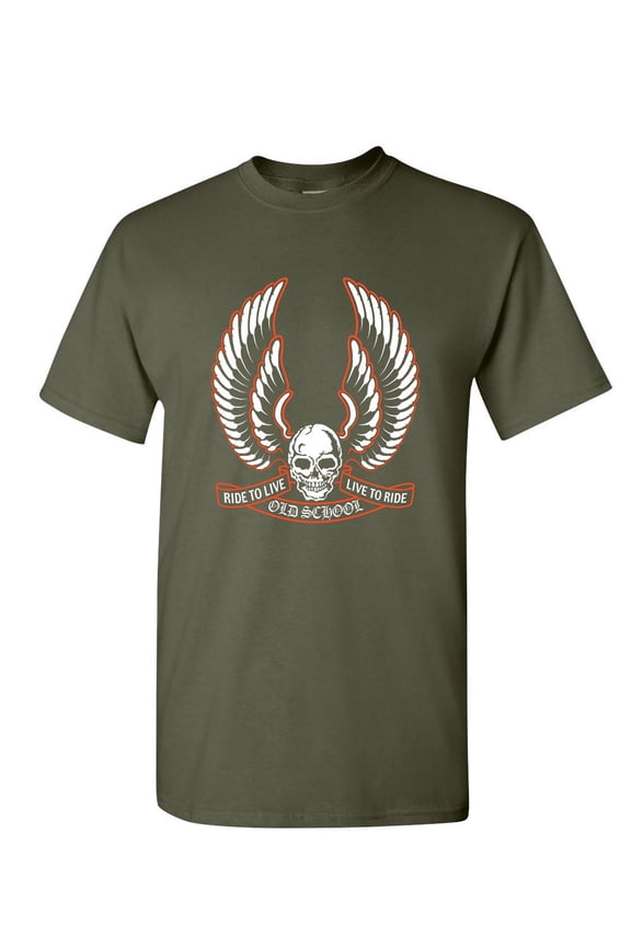 Live to Ride Old School T-Shirt Biker Route 66 Ride to Live MC Mens Shirt, Military Green, Small