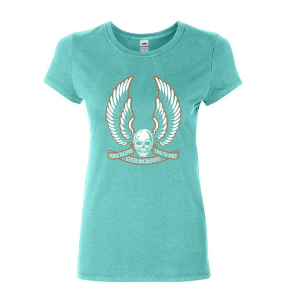 Tee Hunt Live to Ride Old School Women's T-Shirt Biker Route 66 Ride to Live MC Shirt, Light Blue, Large