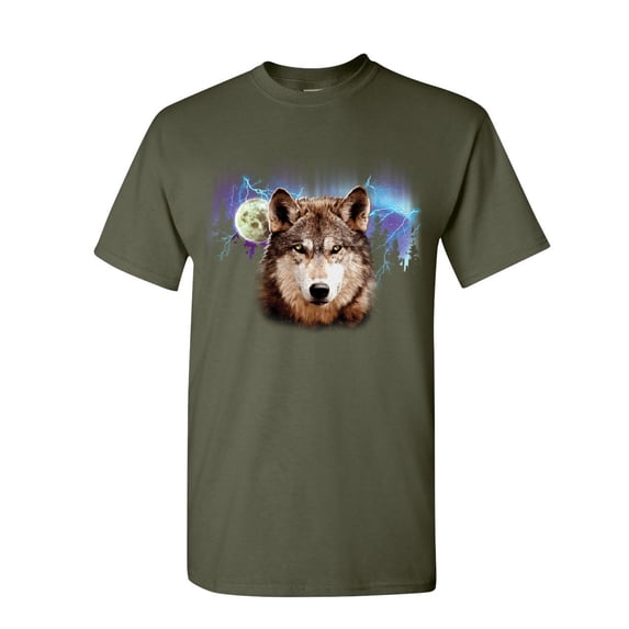 Tee Hunt Lone Wolf Into The Wild T-Shirt Wilderness Wild Wolf Pack Howl Mens Shirt, Military Green, Large