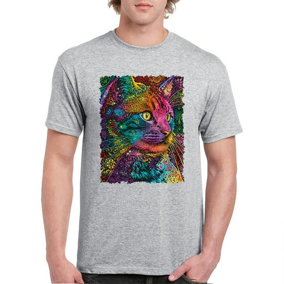 Tee Hunt Lovable Cat T-Shirt Dean Russo Colorful Felis Catus Men's Tee, Gray, Large