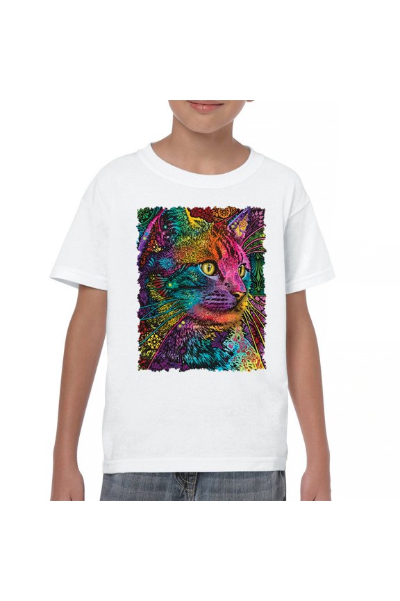 Lovable Cat Youth T-Shirt Dean Russo Colorful Felis Catus Kids, White, X-Large