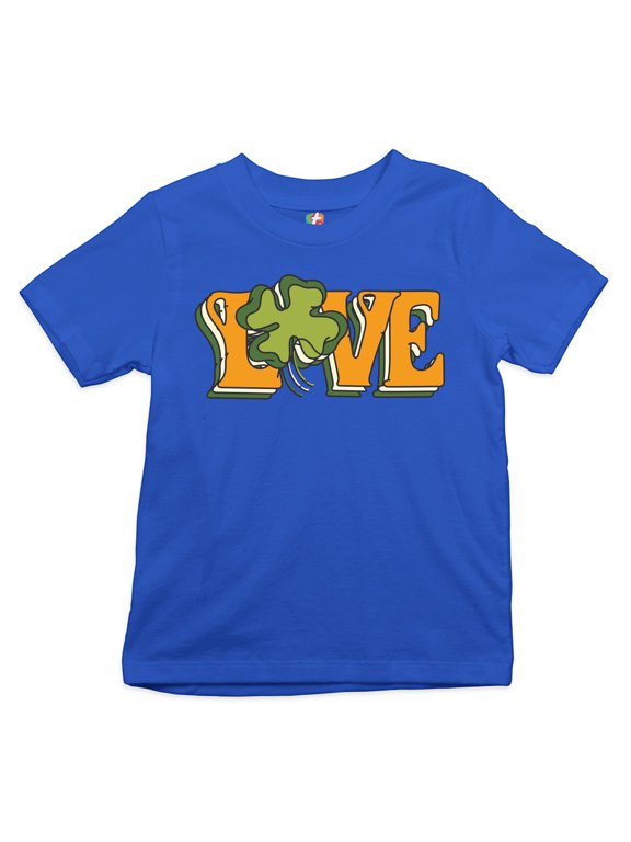 Love Kid's T-Shirt St. Patrick's Day Clover Irish Shamrock Boys Girls Tee, Blue, Small