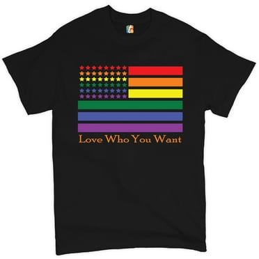 Tee Hunt Love Who You Want T-shirt American Gay Pride Rainbow Flag LGBT Men's Tee
