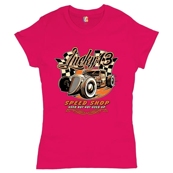 Tee Hunt Lucky 13 Speed Shop T-Shirt Rat Rod Route 66 Vintage Racing Car Women's T-Shirt Tee, Pink, XX-Large