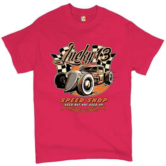 Tee Hunt Lucky 13 Speed Shop T-shirt Rat Rod Route 66 Vintage Racing Car Men's Tee, Hot Pink, Medium
