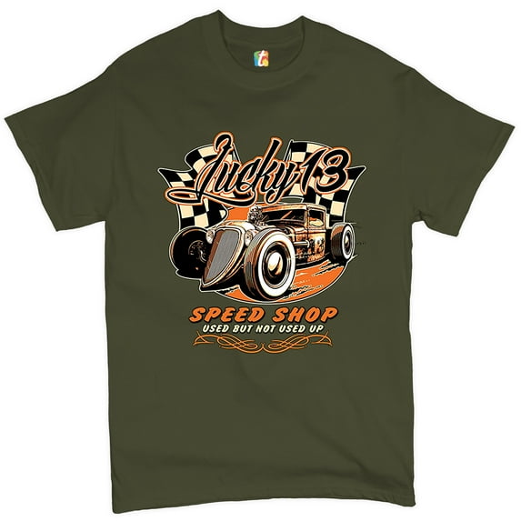 Tee Hunt Lucky 13 Speed Shop T-shirt Rat Rod Route 66 Vintage Racing Car Men's Tee, Military Green, XX-Large