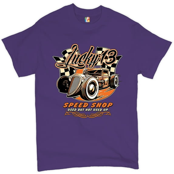 Tee Hunt Lucky 13 Speed Shop T-shirt Rat Rod Route 66 Vintage Racing Car Men's Tee, Purple, 5X-Large