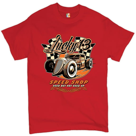 Tee Hunt Lucky 13 Speed Shop T-shirt Rat Rod Route 66 Vintage Racing Car Men's Tee, Red, Small