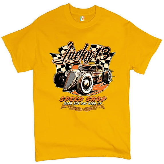 Tee Hunt Lucky 13 Speed Shop T-shirt Rat Rod Route 66 Vintage Racing Car Men's Tee, Yellow, Large