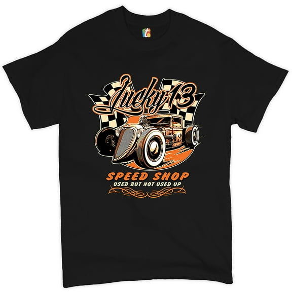 Tee Hunt Lucky 13 Speed Shop T-shirt Rat Rod Route 66 Vintage Racing Car Men's Tee