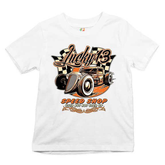 Tee Hunt Lucky 13 Speed Shop Youth T-Shirt Rat Rod Route 66 Kids, White, Large