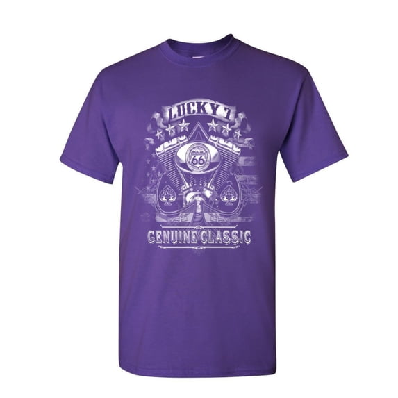 Tee Hunt Lucky 7 Route 66 T-Shirt Classic Spades Biker Engine Pistons MC Mens Shirt, Purple, 4X-Large