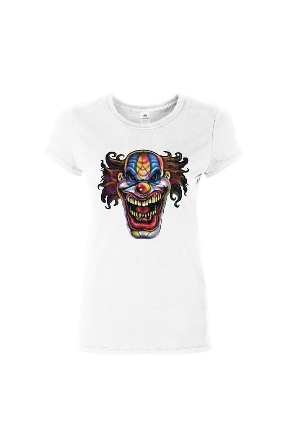 Mad Evil Clown Face Cotton T-Shirt Scary Horror Insane Joker, White, Medium