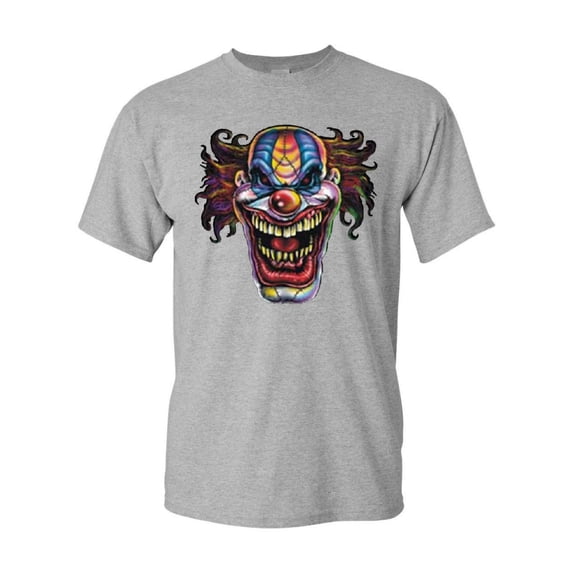 Tee Hunt Mad Evil Clown Face T-Shirt Scary Horror Insane Joker Shirt, Gray, Large